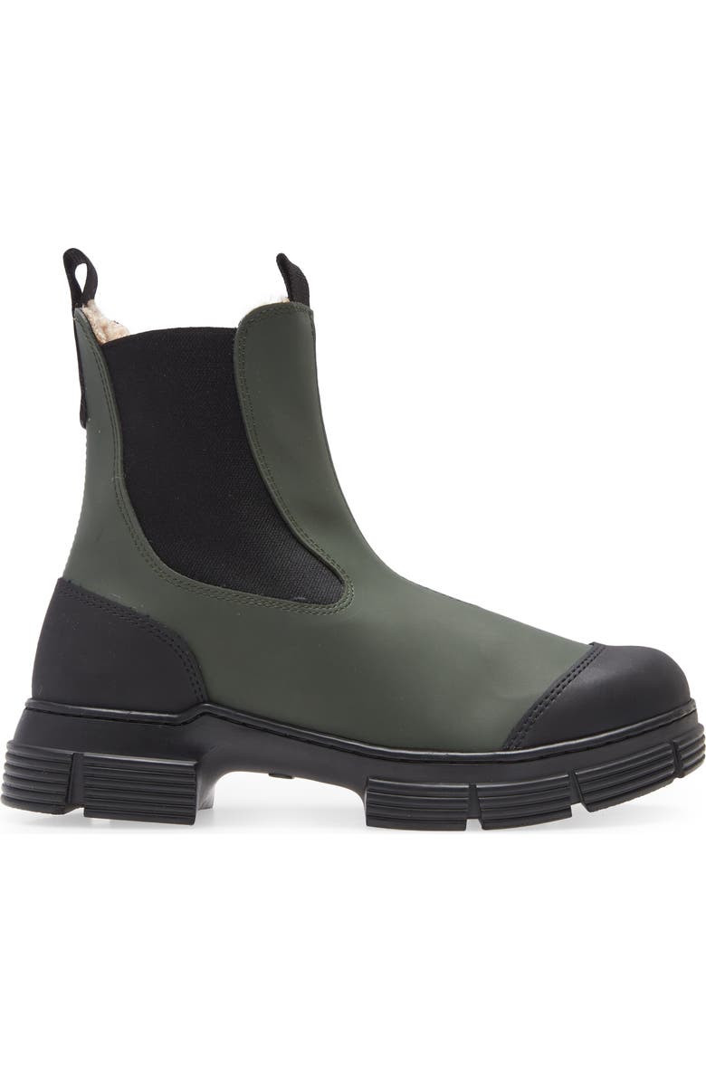 Ganni Faux Fur Lined & Recycled Rubber Chelsea Boot, Alternate, color,