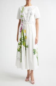 Oscar de la Renta Foxglove & Dandelion Sketch Belted Stretch Cotton Poplin Midi Dress