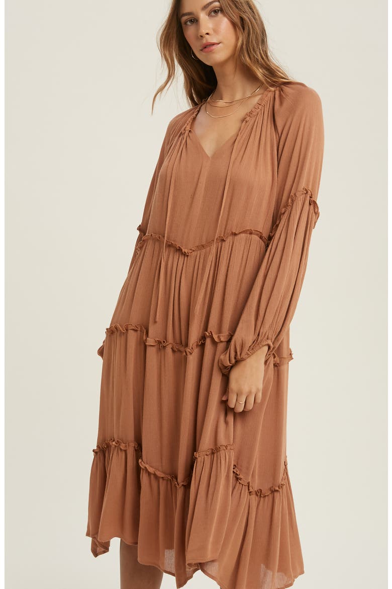 Notched Neck Long Sleeve Tiered Dress, Alternate, color, Brown