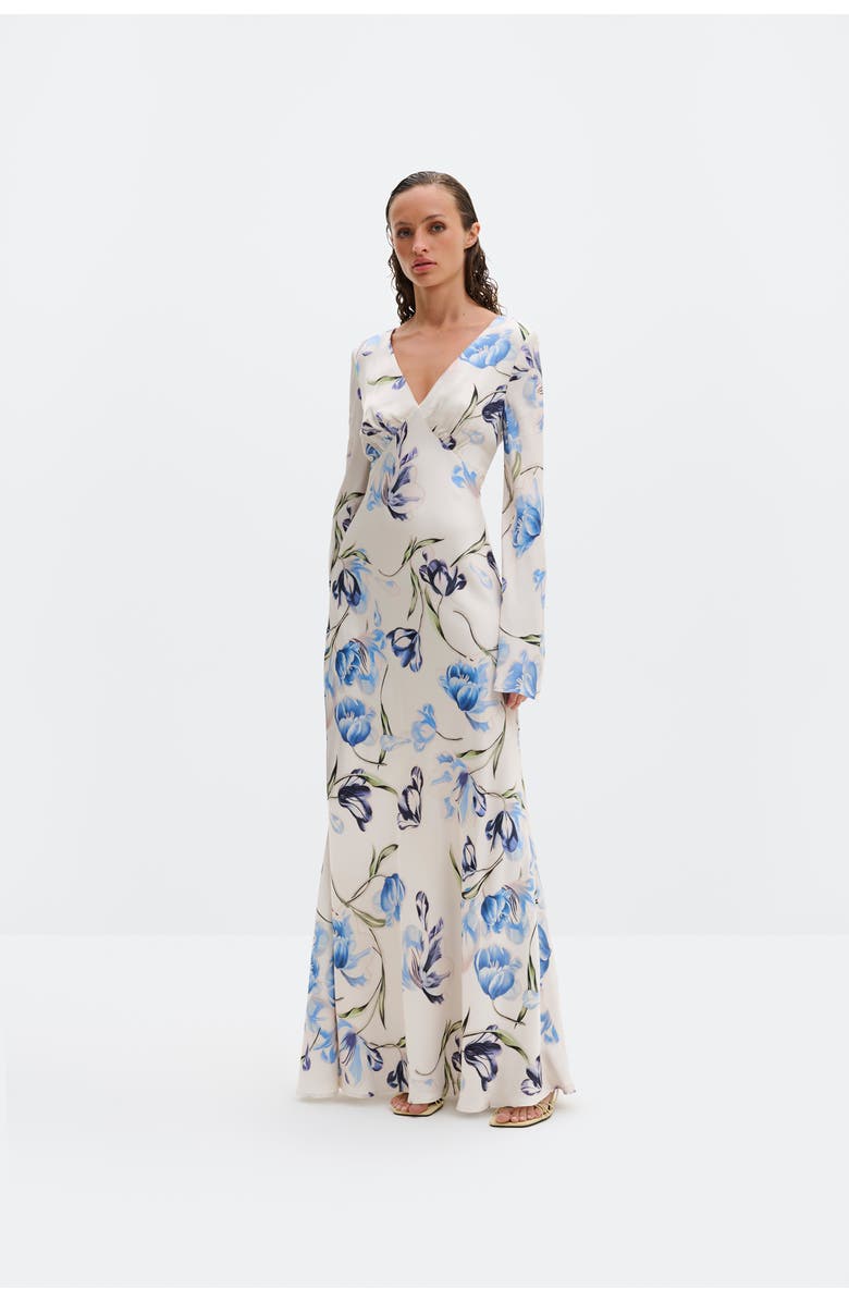 Malina Carolina Flared Sleeve Satin Maxi Dress, Main, color, Tulip Blue