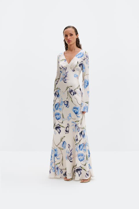 Carolina Flared Sleeve Satin Maxi Dress