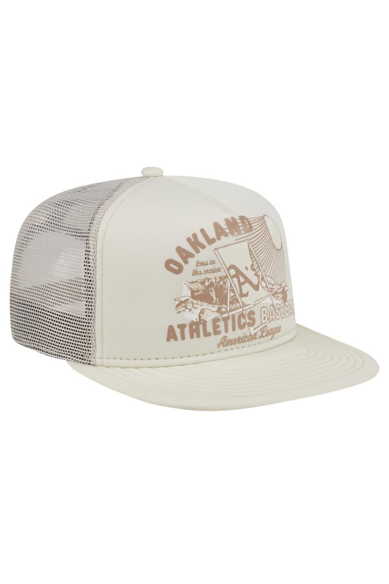 Men's New Era Khaki Oakland Athletics Almost Friday A-Frame 9FIFTY Trucker Snapback Hat, Alternate, color, Khaki