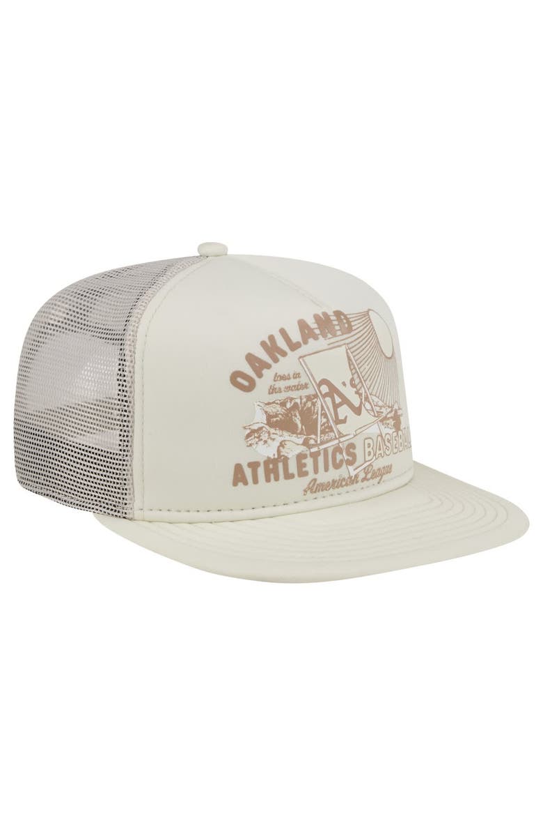 New Era Men's New Era Khaki Oakland Athletics Almost Friday A-Frame 9FIFTY Trucker Snapback Hat, Alternate, color,