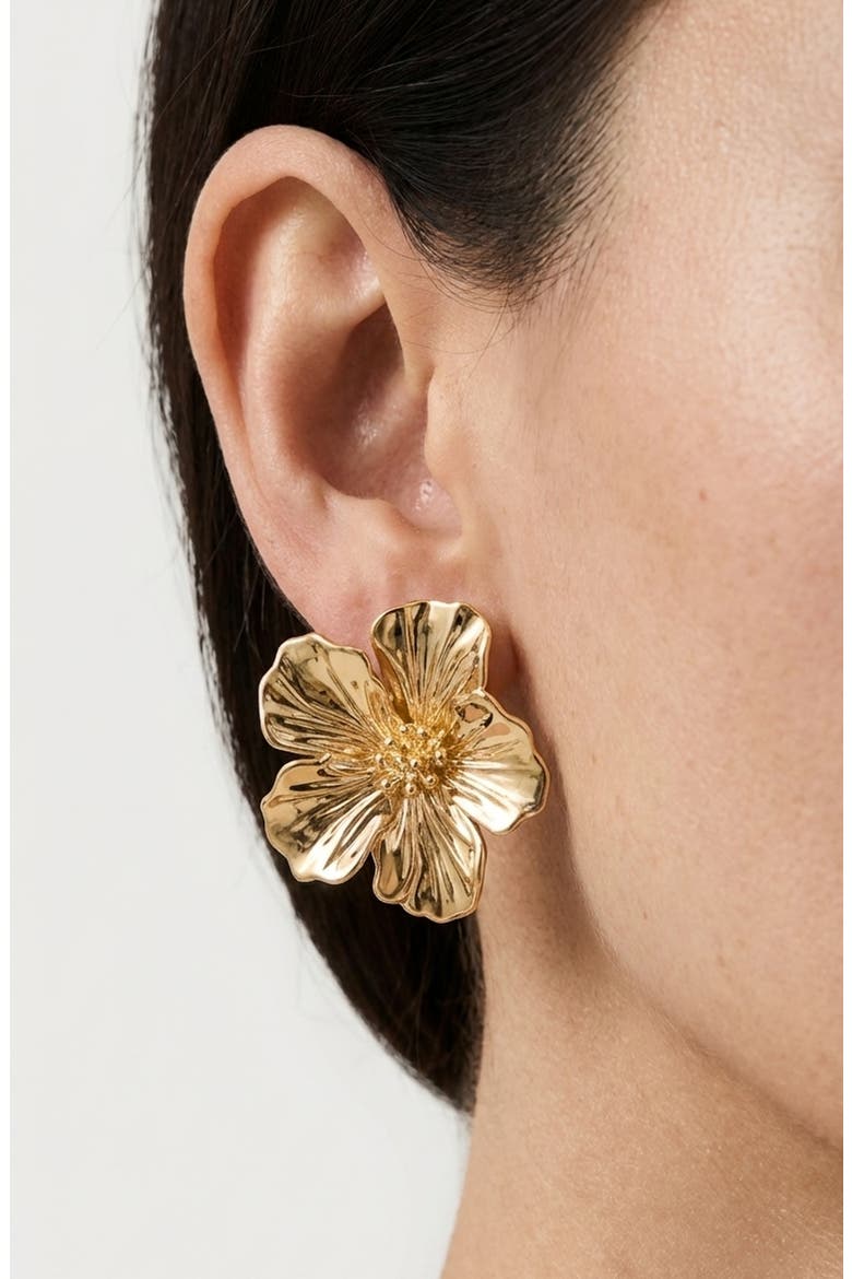 Hibiscus Flower Statement Earrings, Alternate, color, GOLD