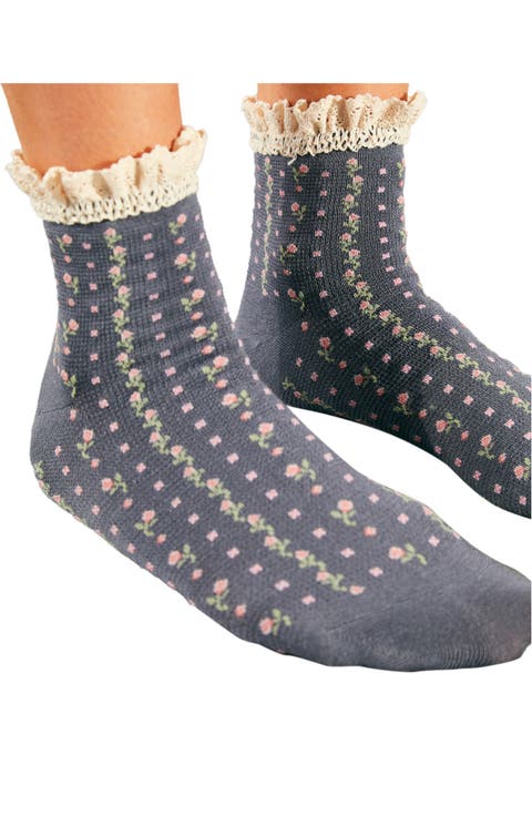 Rosebud Waffle Knit Ankle Socks