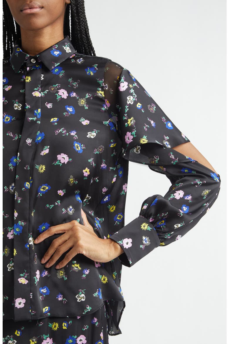 Floral Print Ruffle Button-Up Shirt, Alternate, color, BLACK