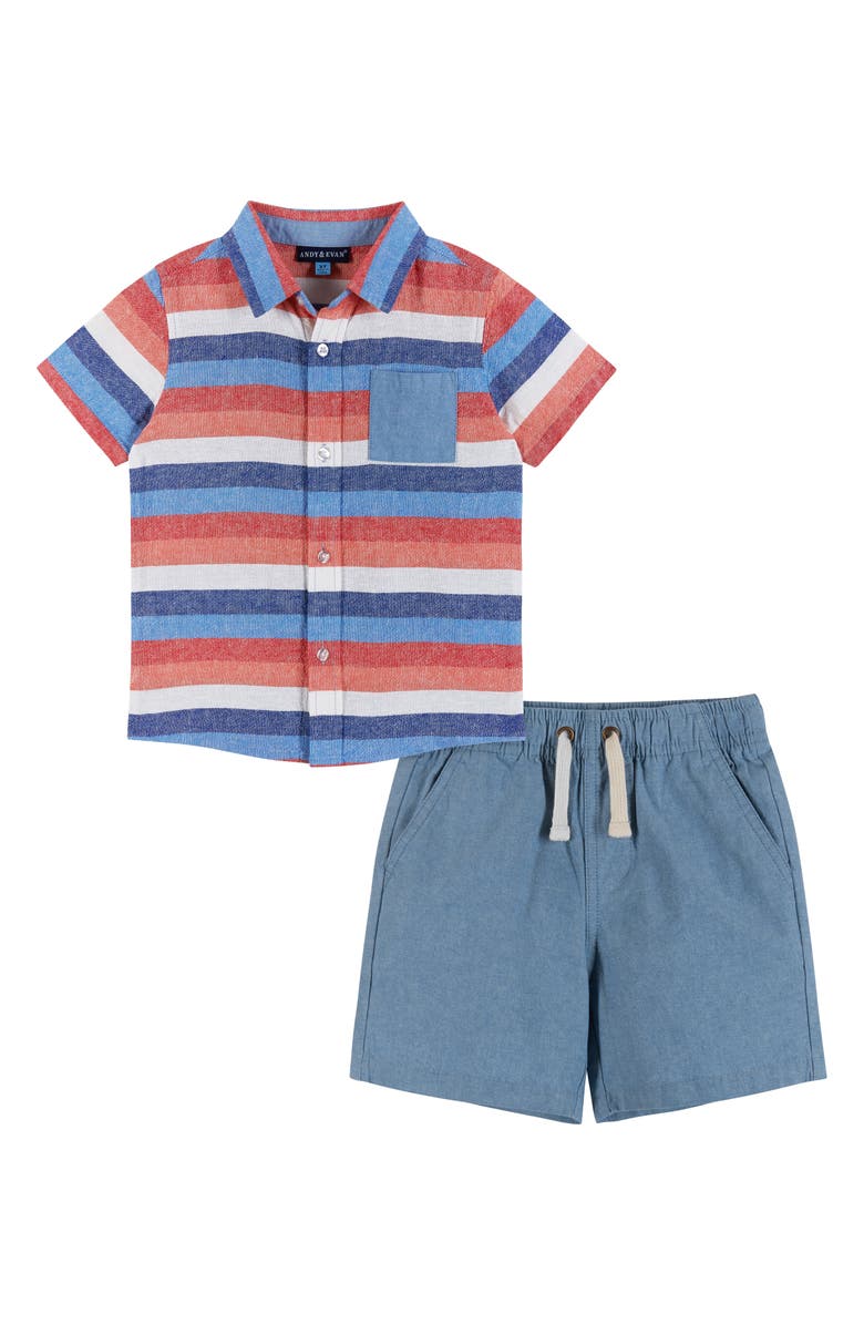 Andy & Evan Kids' Stripe Short Sleeve Button-Up Shirt & Drawstring Shorts Set, Main, color, 