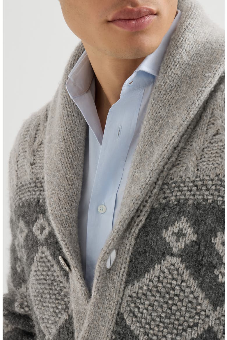 Virgin wool, silk and cashmere chiné cable knit cardigan with intarsia, Alternate, color, Grey
