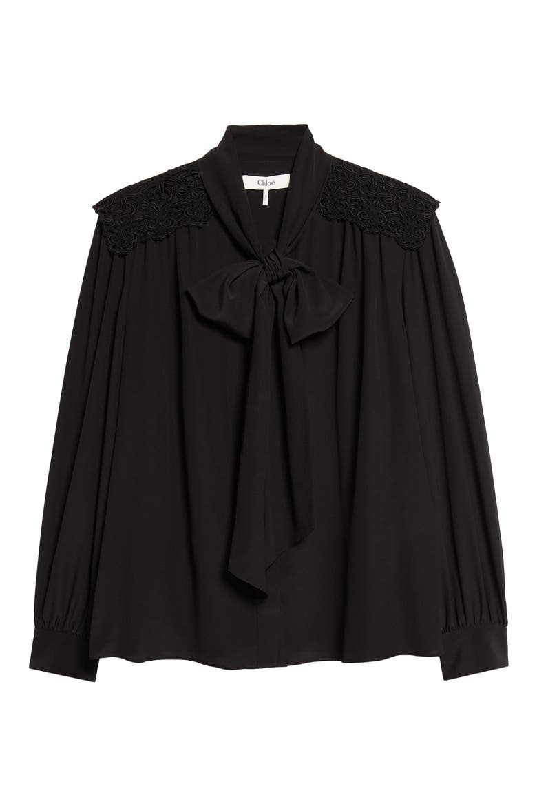 Pussybow Silk Crêpe de Chine Shirt, Alternate, color, BLACK