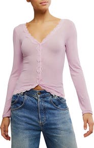 Free People Big Love Lace Trim Knit Button-Up Top