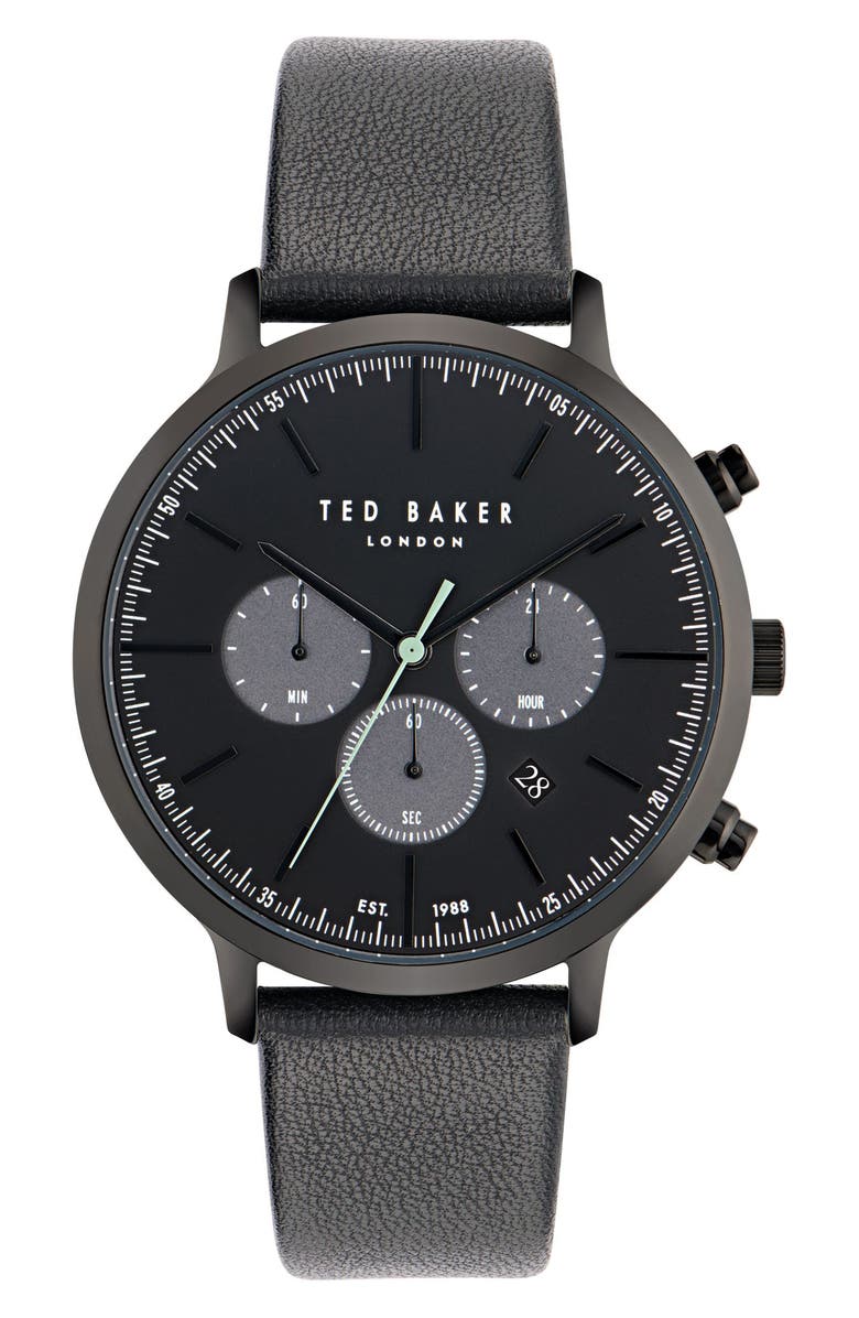 Ted Baker Haarvin Chronograph Leather Strap Watch, 44mm, Main, color, Black