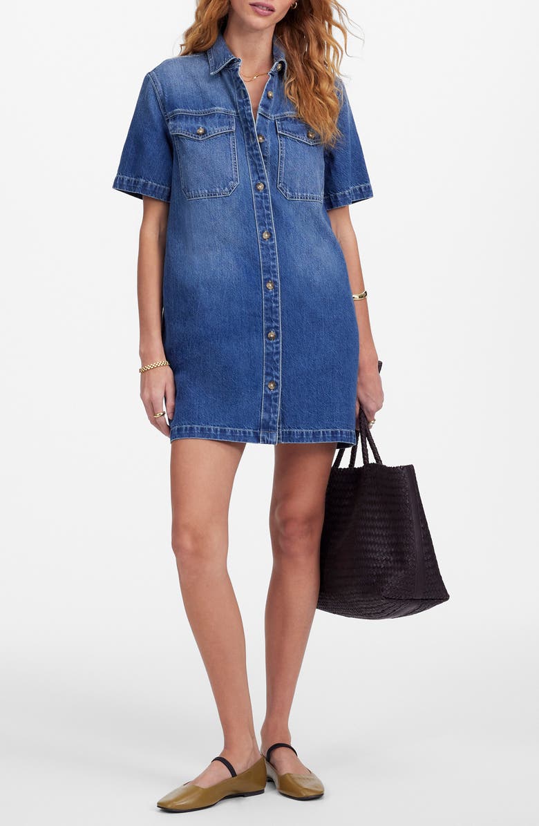 Madewell Boxy Short Sleeve Denim Shirtdress, Main, color, Demarco Wash