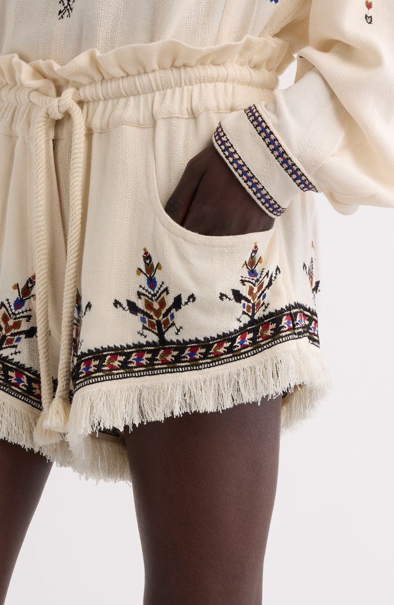Isabel Marant Étoile Kriss Embroidered Fringed Paperbag Waist Shorts, Alternate, color, Ecru