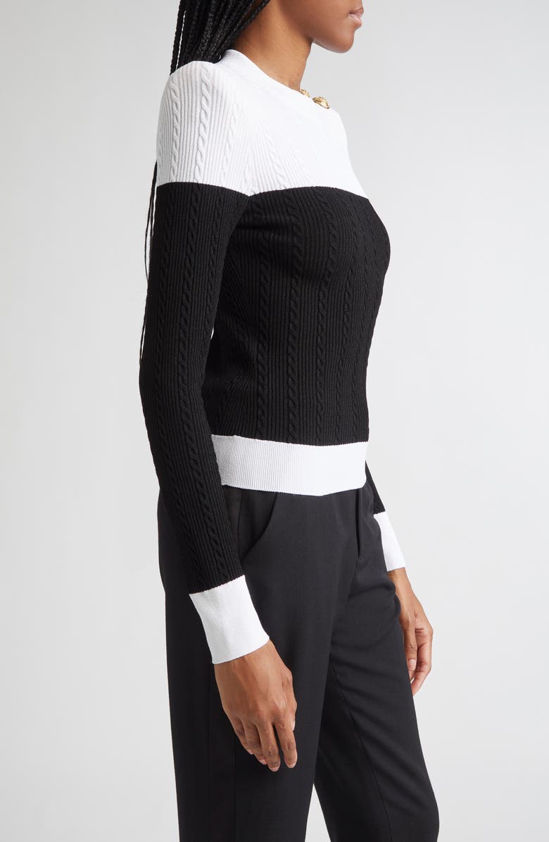 Balmain Twisted Cable Knit Sweater, Alternate, color, Black/ White
