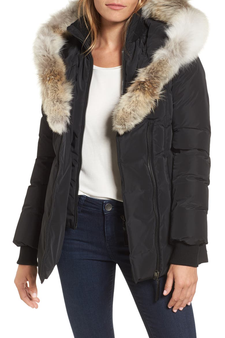 Adali-X Hooded Down Parka with Inset Bib & Genuine Fox Fur Trim, Main, color, BLACK