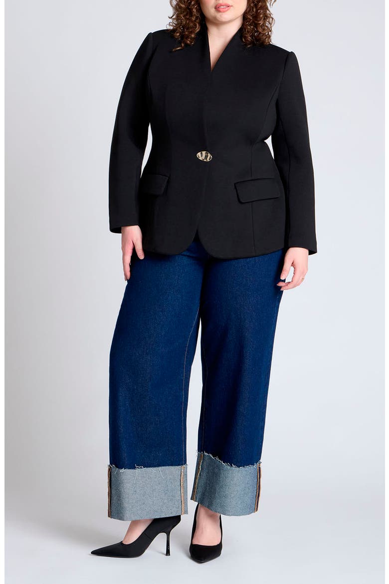 Button Detail Hourglass Bonded Scuba Knit Blazer, Alternate, color, BLACK