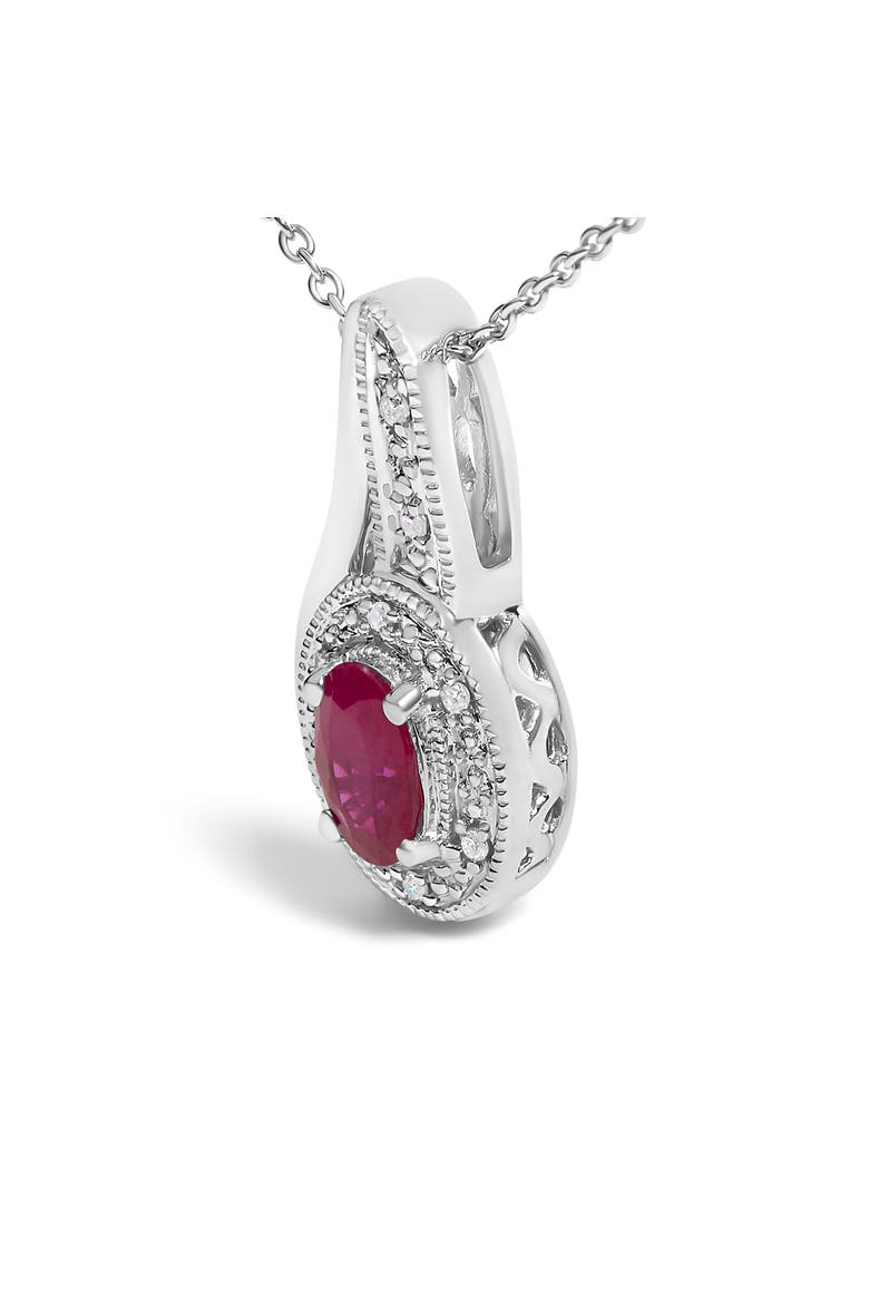 Silver Red Ruby and Diamond Accent Milgrain Swirl Pendant Necklace, Alternate, color, White
