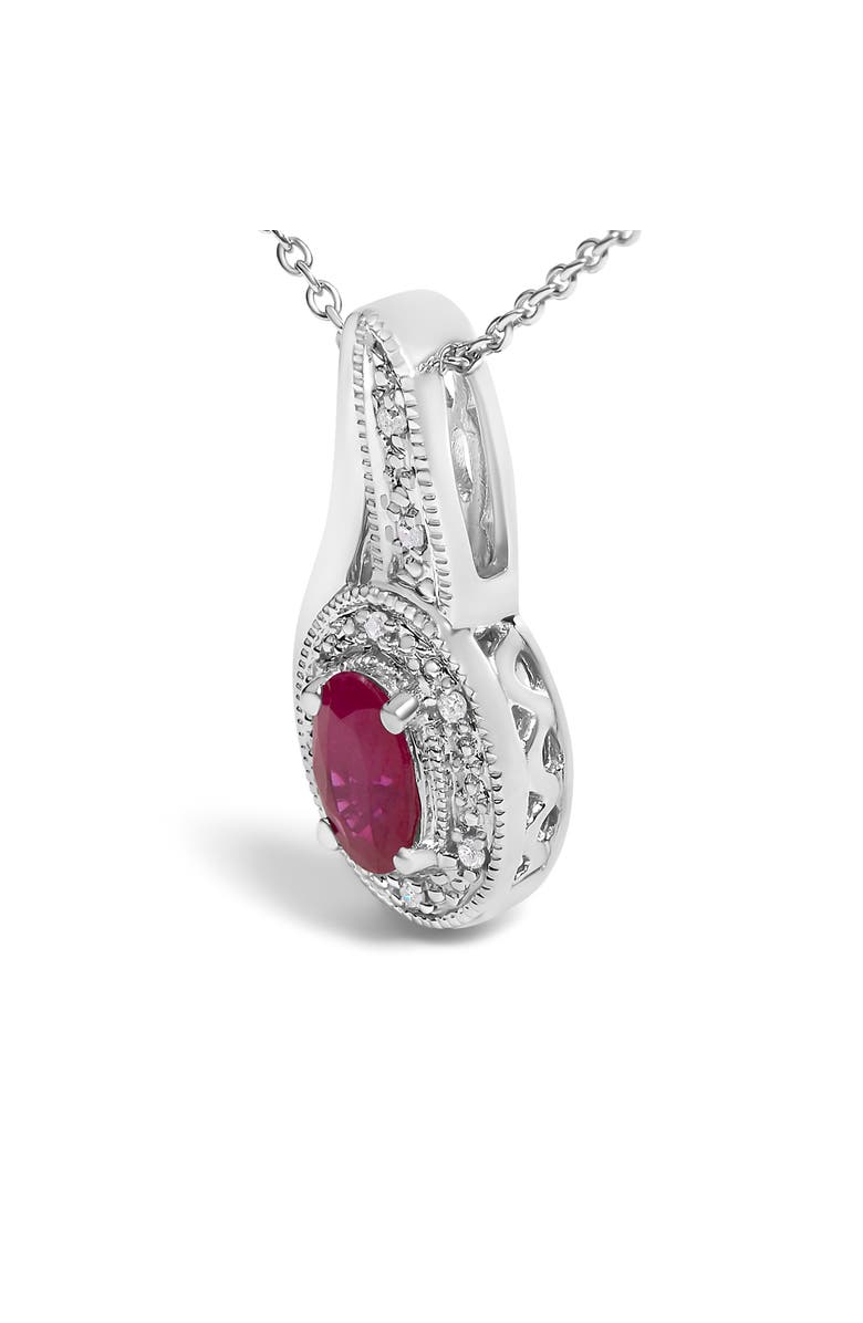 Haus of Brilliance Silver Red Ruby and Diamond Accent Milgrain Swirl Pendant Necklace, Alternate, color, White