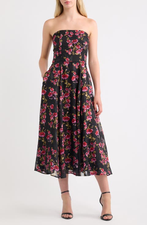 Elena Floral Strapless Cocktail Midi Dress