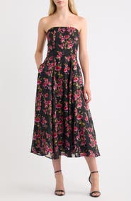Lulus Elena Floral Strapless Cocktail Midi Dress