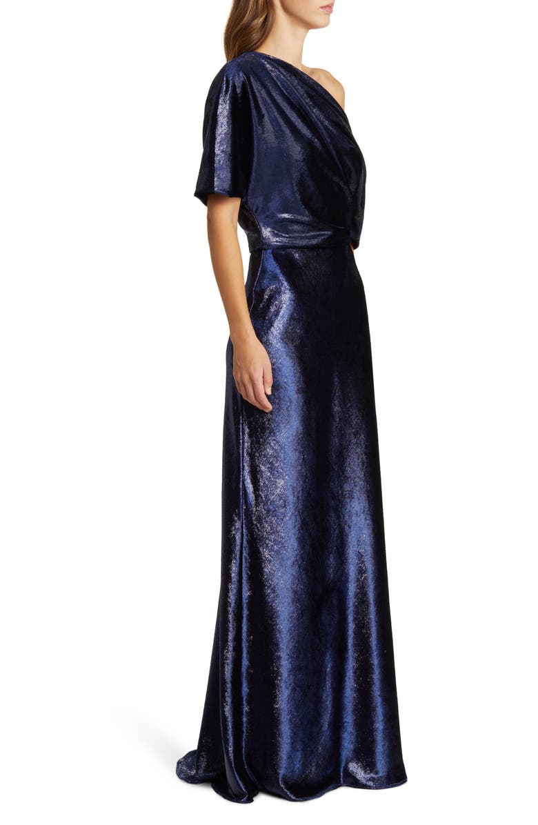 Amsale One-Shoulder Metallic Velvet Gown, Alternate, color, Navy