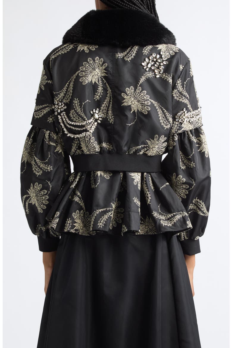 Armelle Paisley Fan Embroidered Jacket with Faux Fur Collar, Alternate, color, BLACK/ GARDENIA