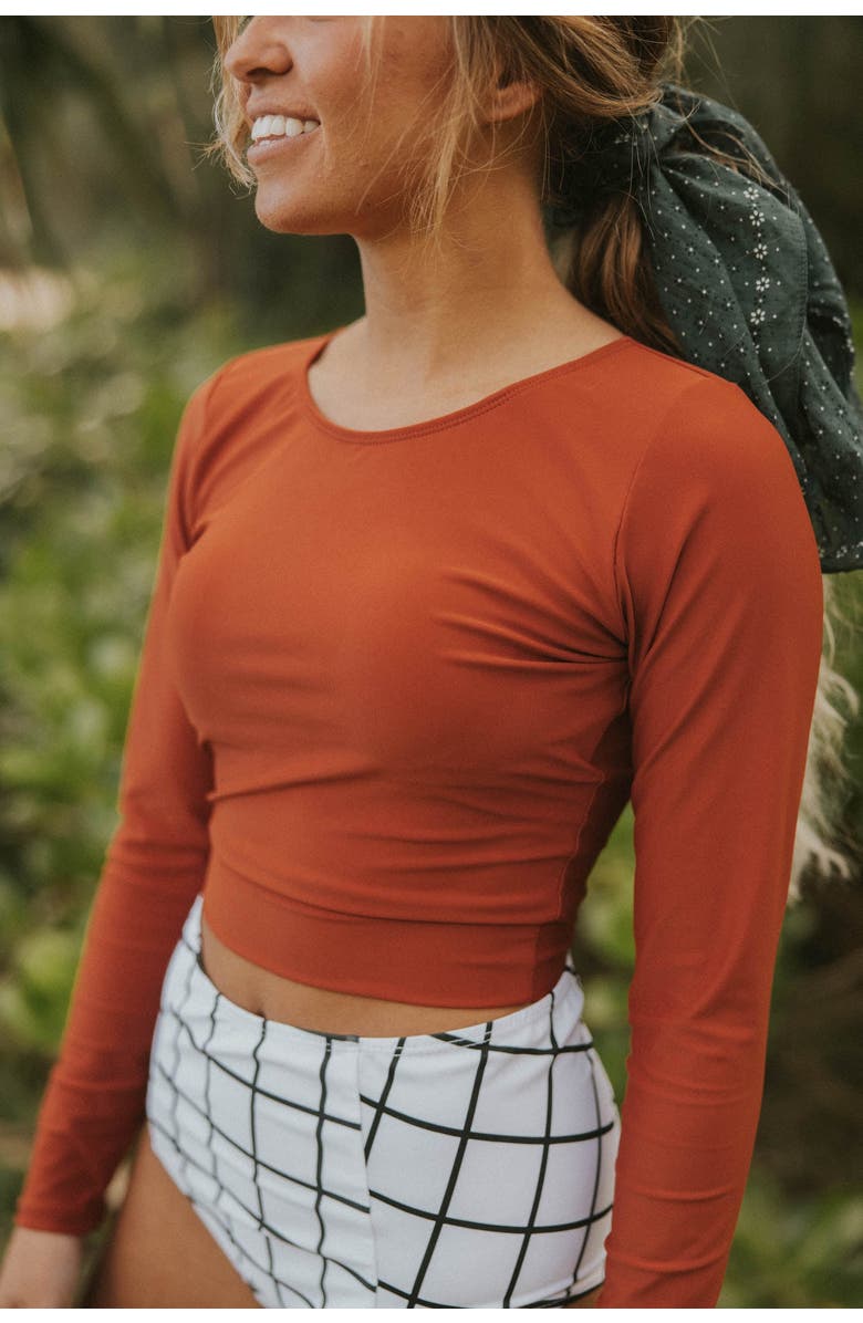 Geode Swimwear Kokkini Long Sleeve Rashguard Top, Alternate, color, Rust Orange