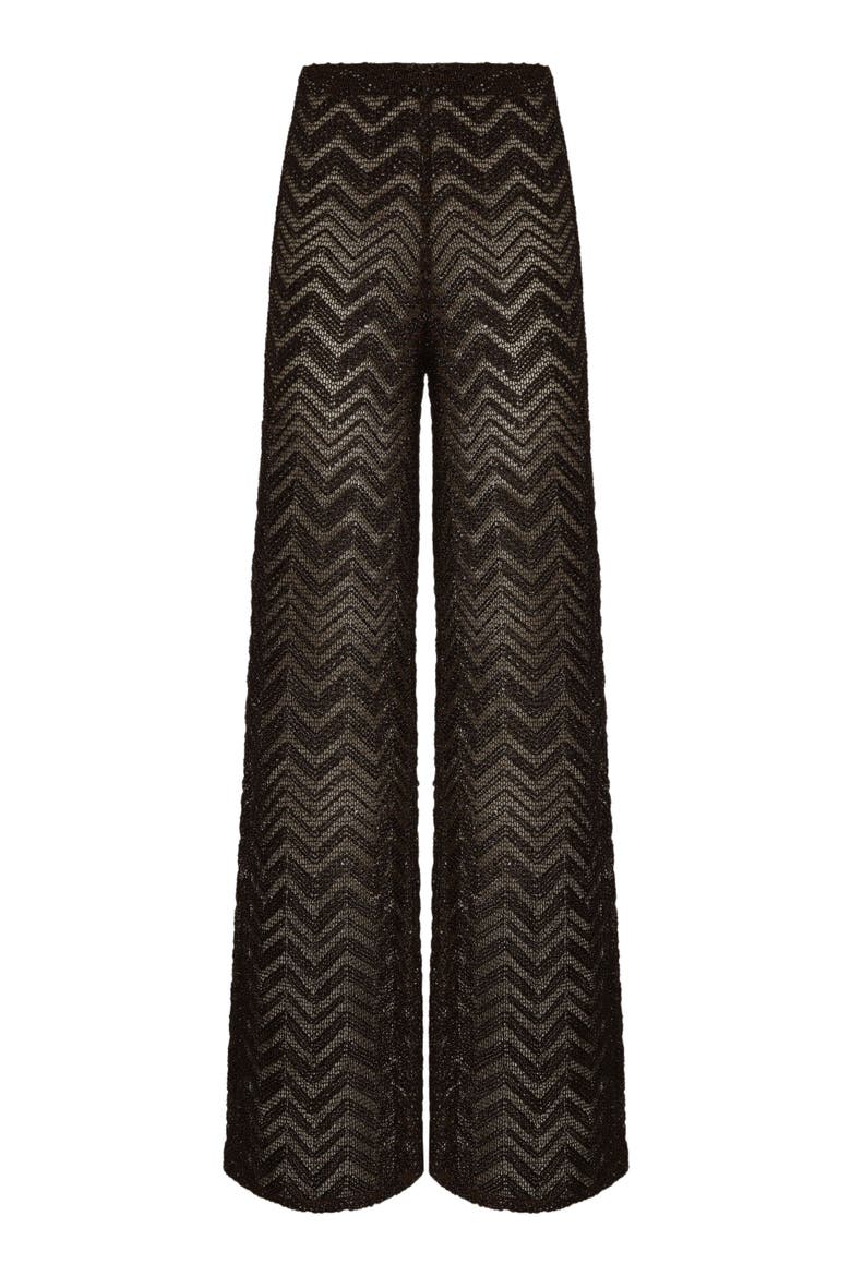 Wide Fishnet Trousers With Zigzag Pattern And Sequins, Alternate, color, Brown