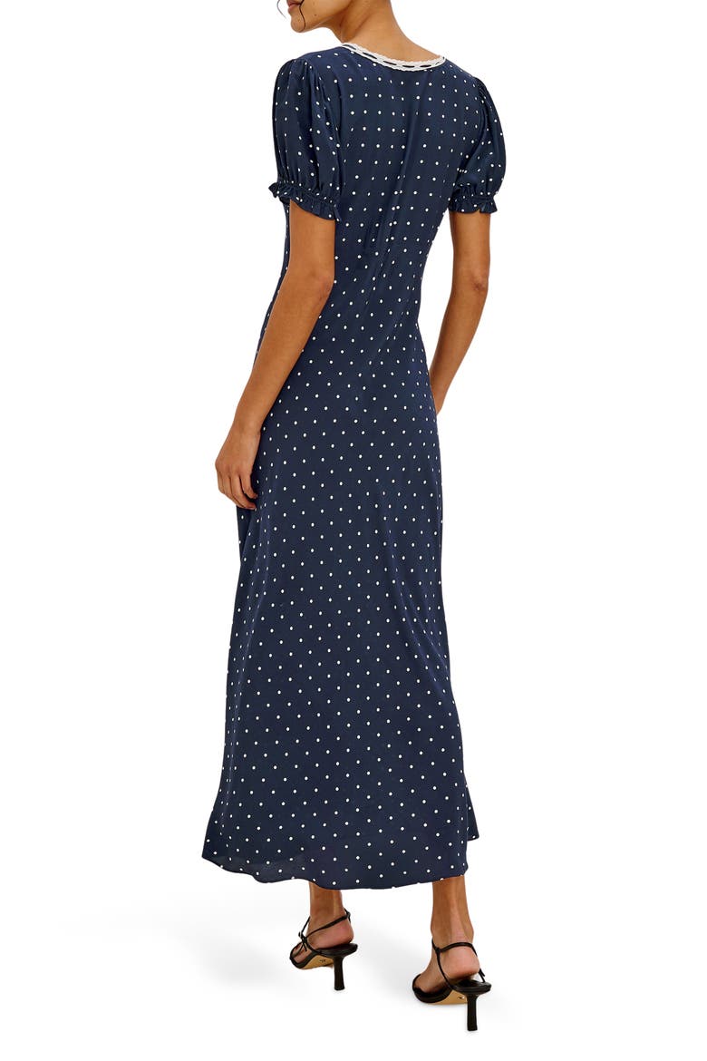 Allison Polka Dot Lace Trim Midi Dress, Alternate, color, NAVY POLKA DOTS