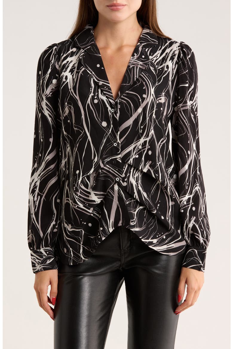 Ruched Front Button-Up Shirt, Main, color, BLACK