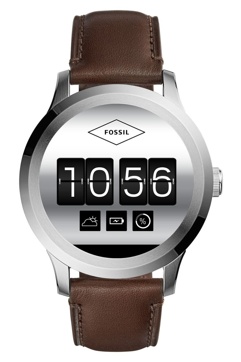 Founder Leather Strap Digital Smart Watch, 46mm, Alternate, color, DARK BROWN/ GREY