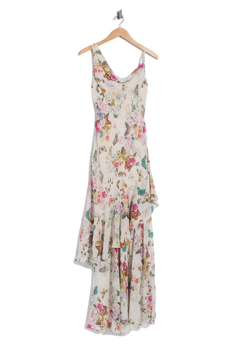 Viola Asymmetric Cowl Neck Silk Gown, Alternate, color, WHITE CHARONDA BUTTERFLY