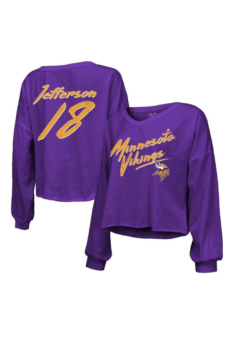 Women's Majestic Threads Justin Jefferson Purple Minnesota Vikings Name & Number Off-Shoulder Script Cropped Long Sleeve V-Neck T-Shirt, Main, color, Purple