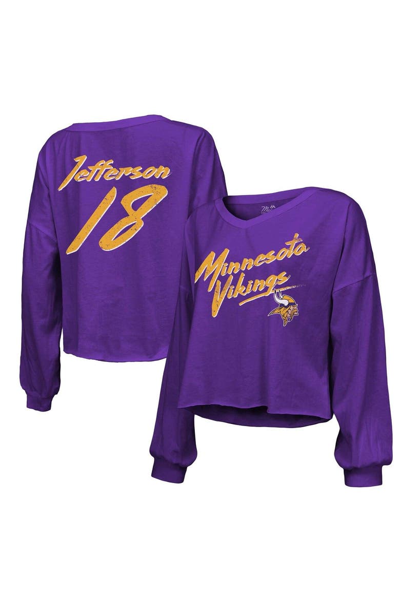 Majestic Threads Women's Majestic Threads Justin Jefferson Purple Minnesota Vikings Name & Number Off-Shoulder Script Cropped Long Sleeve V-Neck T-Shirt, Main, color, Purple