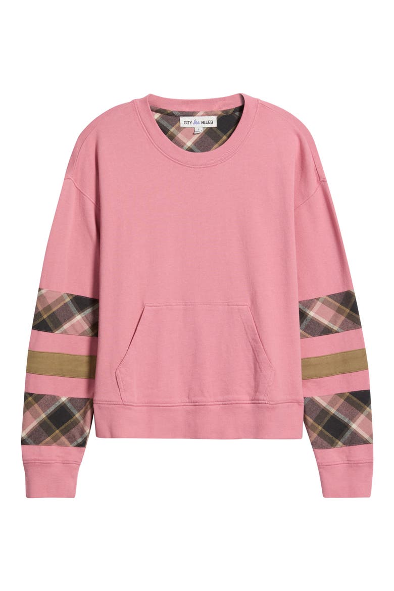 Plaid Sleeve Crewneck Sweatshirt, Alternate, color, ORCHID