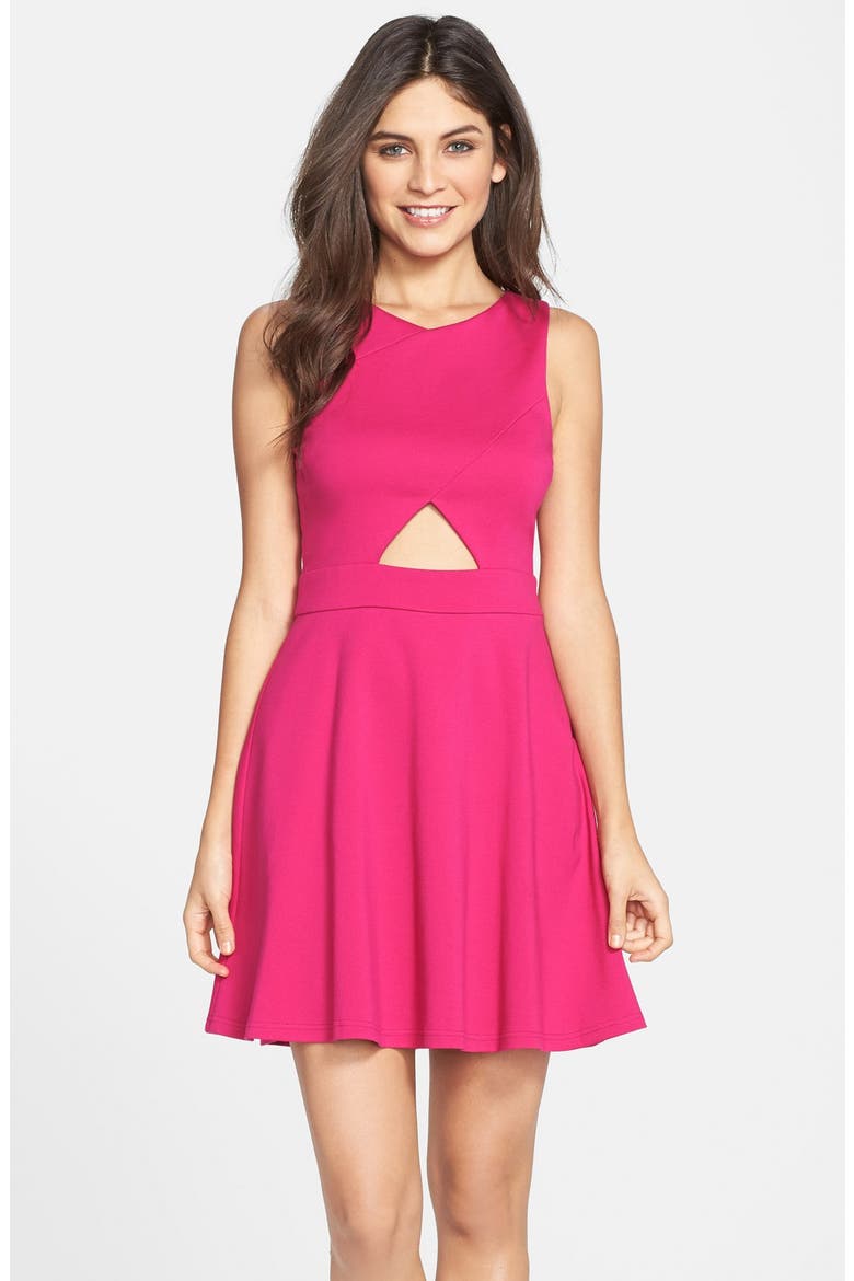 by Cynthia Steffe 'Eastyn' Cutout Ponte Skater Dress, Main, color, PEONY