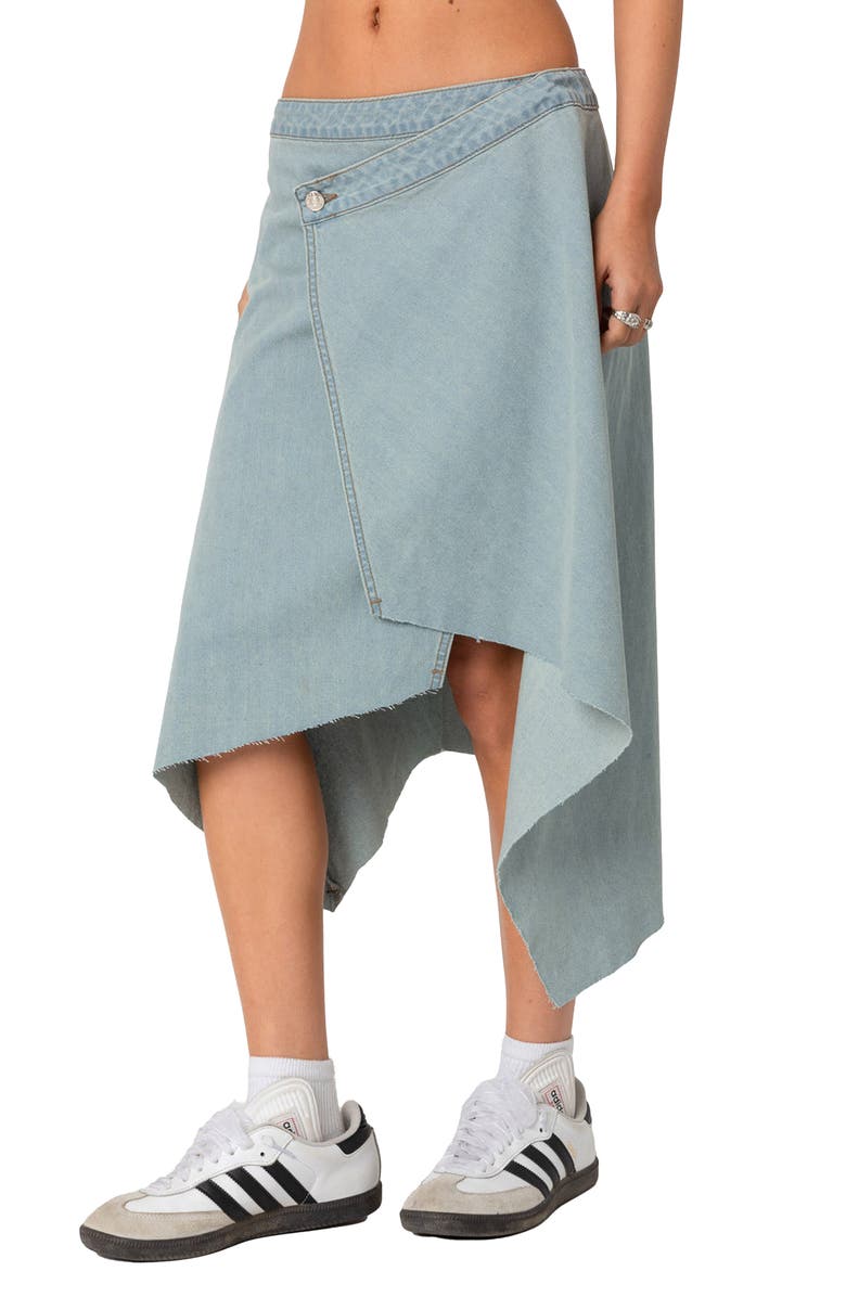 EDIKTED Asymmetric Wrap Denim Midi Skirt, Alternate, color, Light-Blue