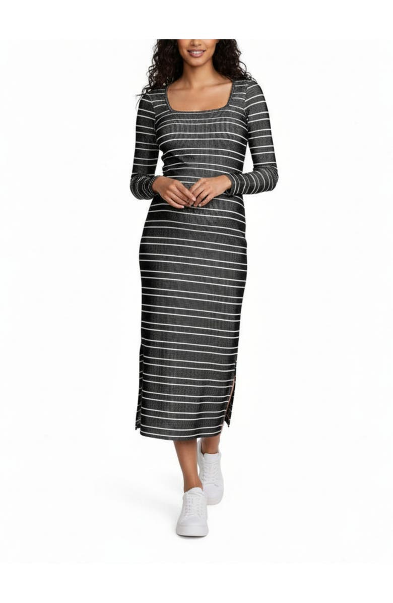 MOTHERHOOD MATERNITY Square Neck Rib Knit Long Sleeve Bodycon Maxi Dress, Main, color, Black & White Stripes
