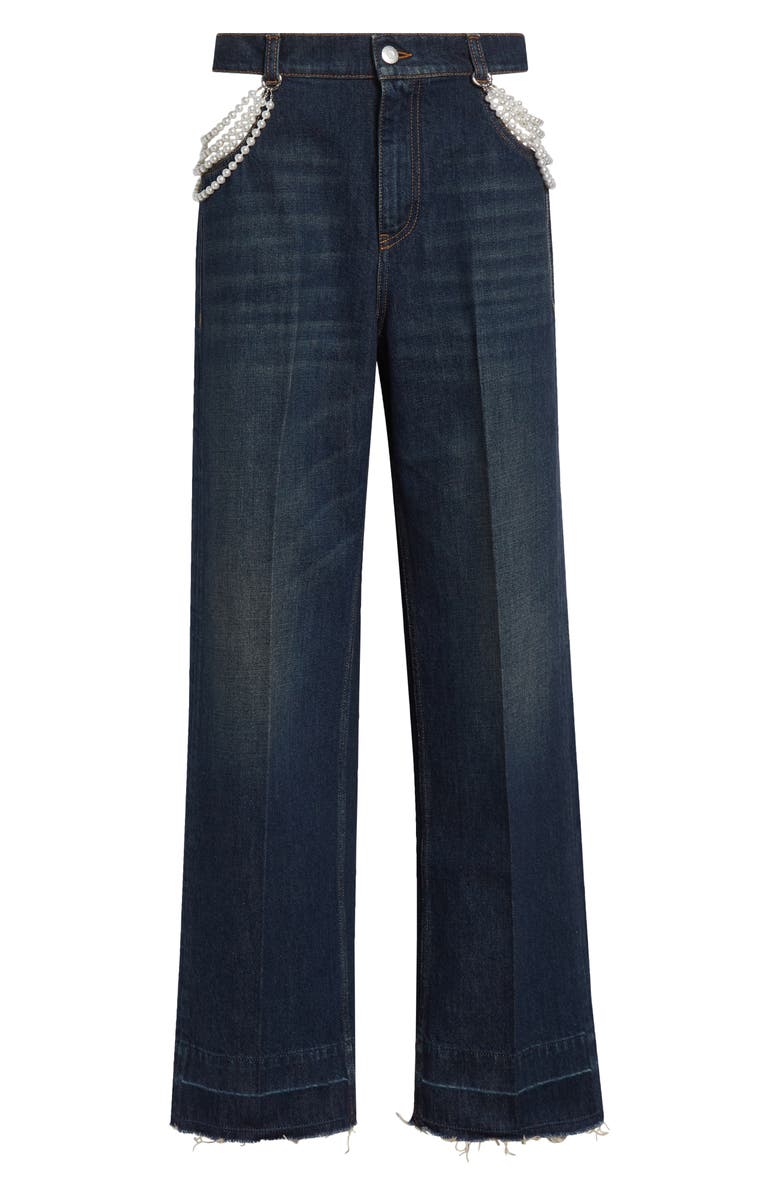 Stella McCartney Faux Pearl Embellished Cutout Release Hem Straight Leg Jeans, Alternate, color, Dark Blue