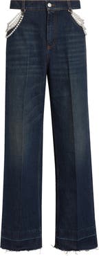 Stella McCartney Faux Pearl Embellished Cutout Release Hem Straight Leg Jeans