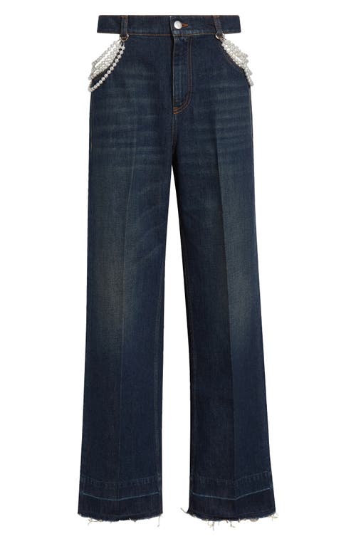 Stella Mccartney Faux Pearl Embellished Cutout Release Hem Straight Leg Jeans In Blue