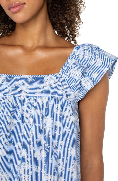 Liverpool Los Angeles Embroidered Ruffle Sleeve Top In Blue White Flower Stripe