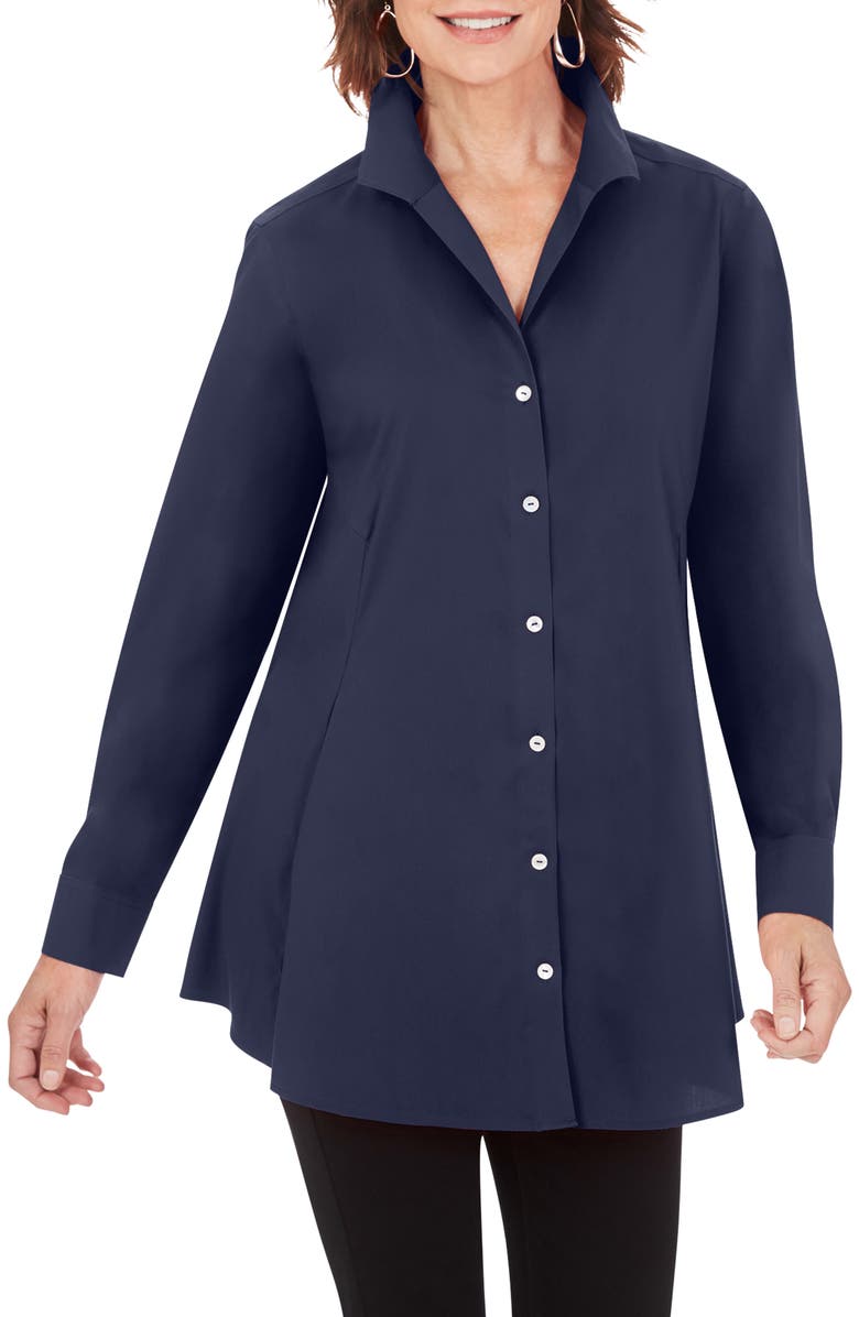 Foxcroft Cecilia Non-Iron Button-Up Tunic Shirt, Main, color, Navy