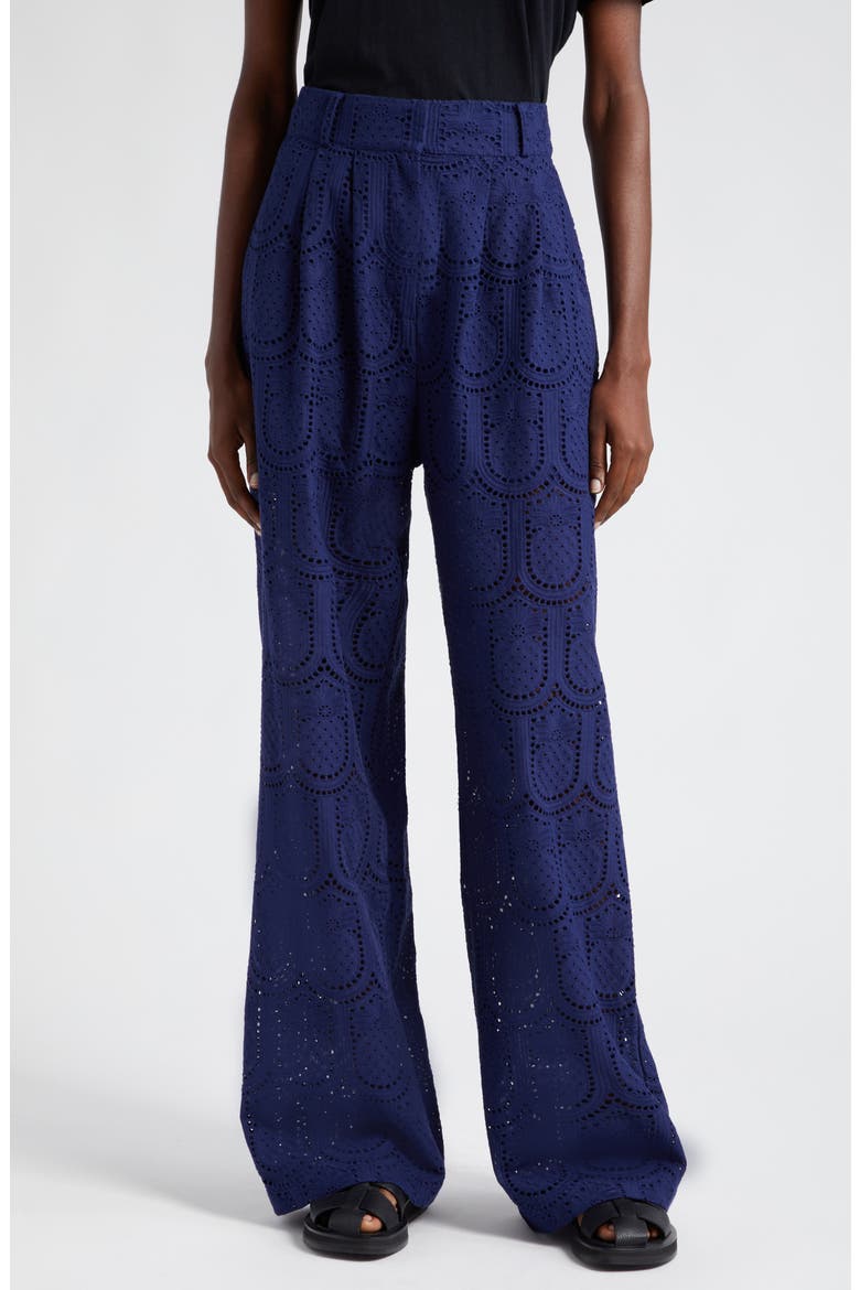 Pineapple Eyelet High Waist Wide Leg Pants, Main, color, NAVY BLUE