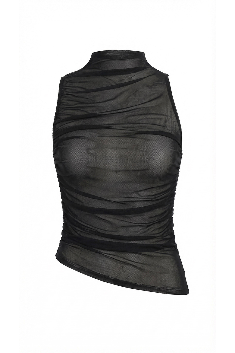Ruched Sheer Mock Neck Top, Alternate, color, Black