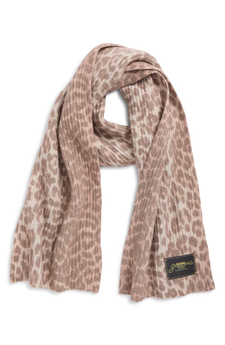 Ganni Leopard Wool Blend Knit Scarf, Alternate, color, Leopard