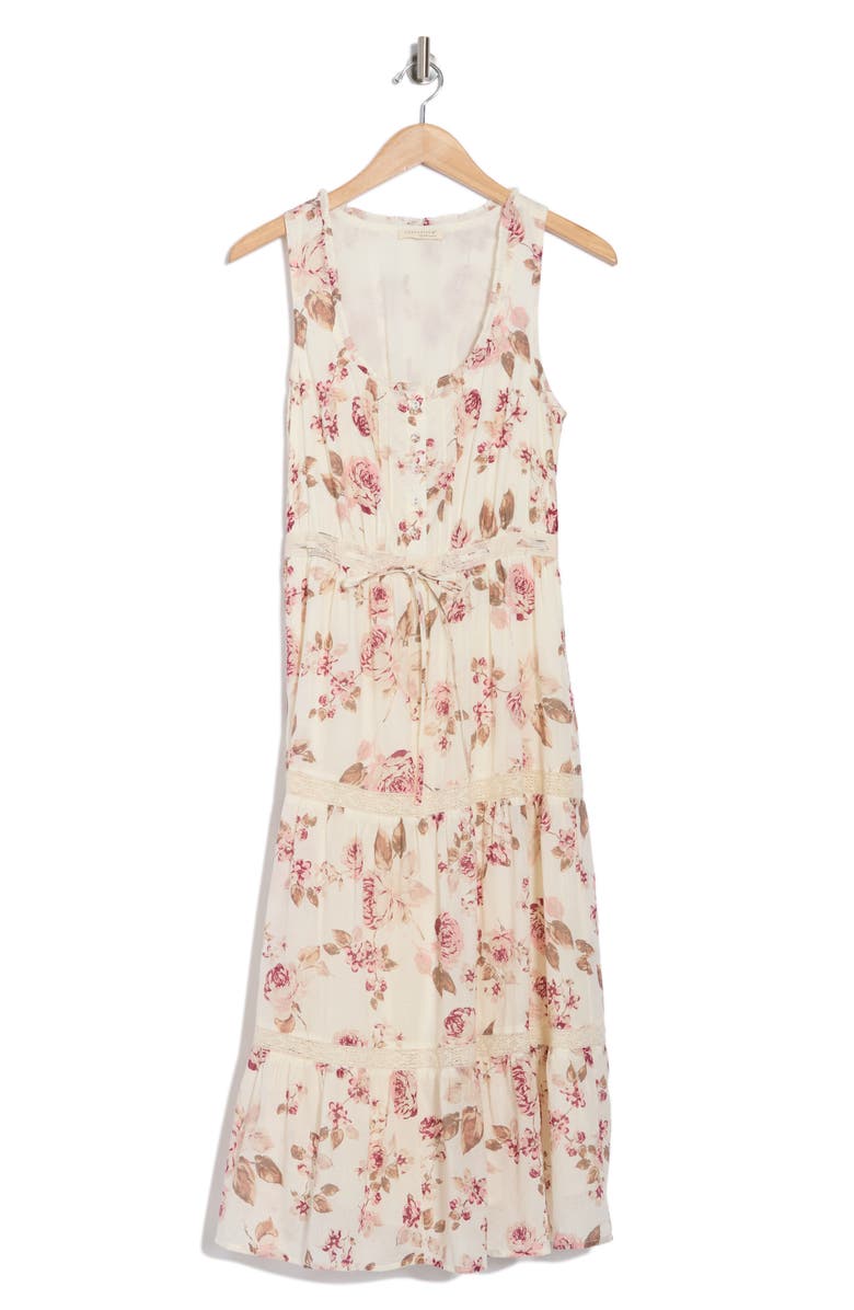 Floral Lace Trim Sleeveless Tiered Midi Dress