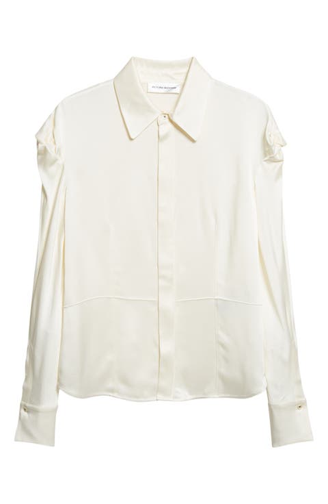Twisted Shoulder Satin Button-Up Shirt