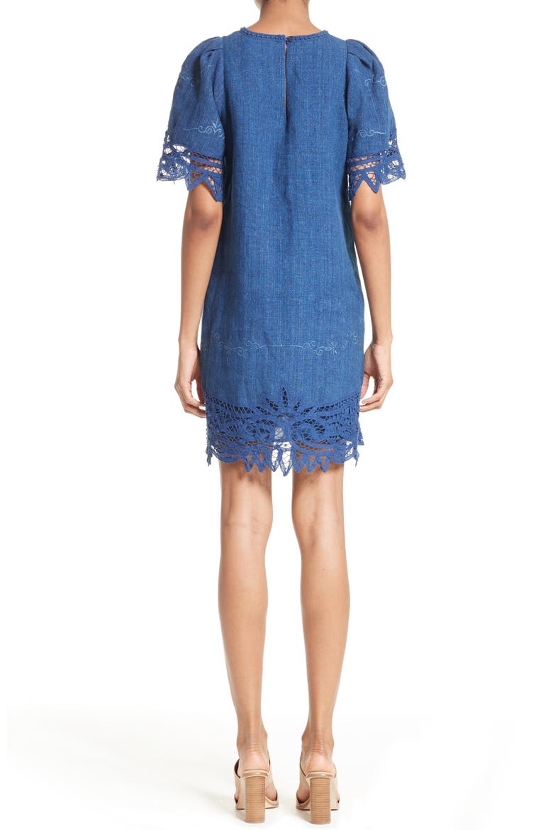 Sea Battenburg Lace Linen Shift Dress, Alternate, color, INDIGO