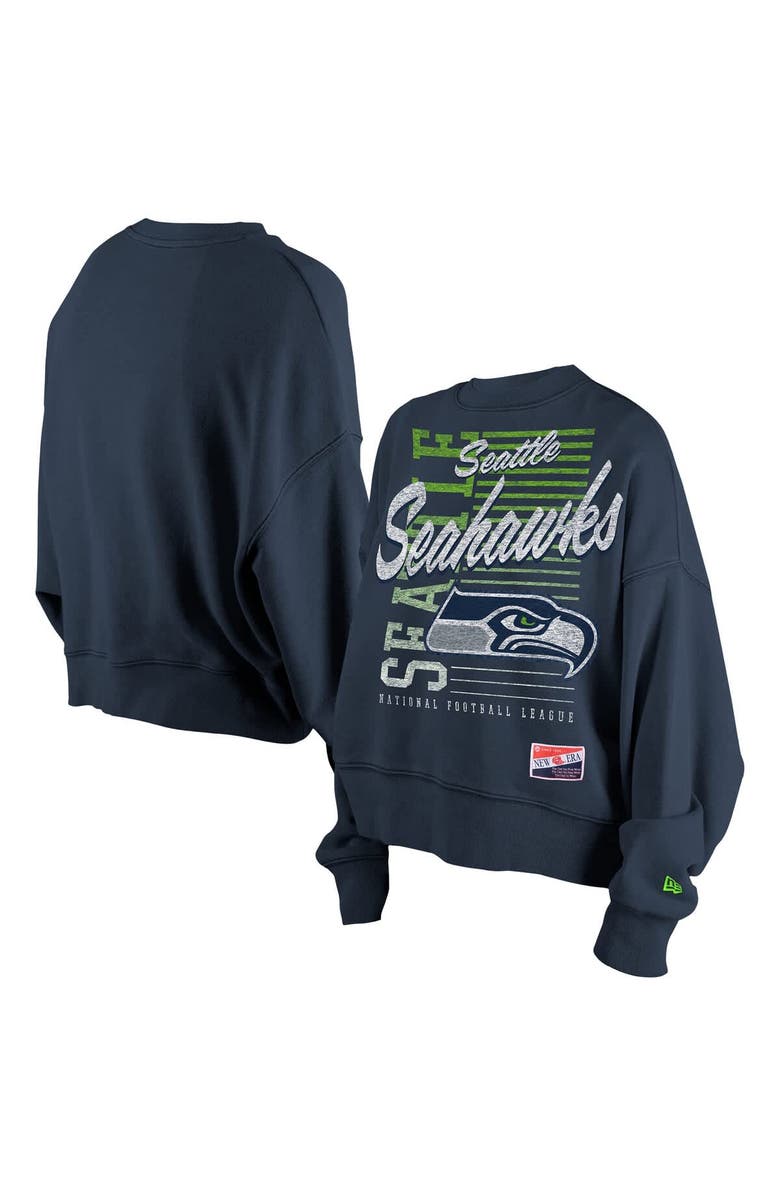 New Era Women
s New Era College Navy Seattle Seahawks Oversized Throwback Mineral Wash Crew Neck Sweatshirt, Main, color, College Navy